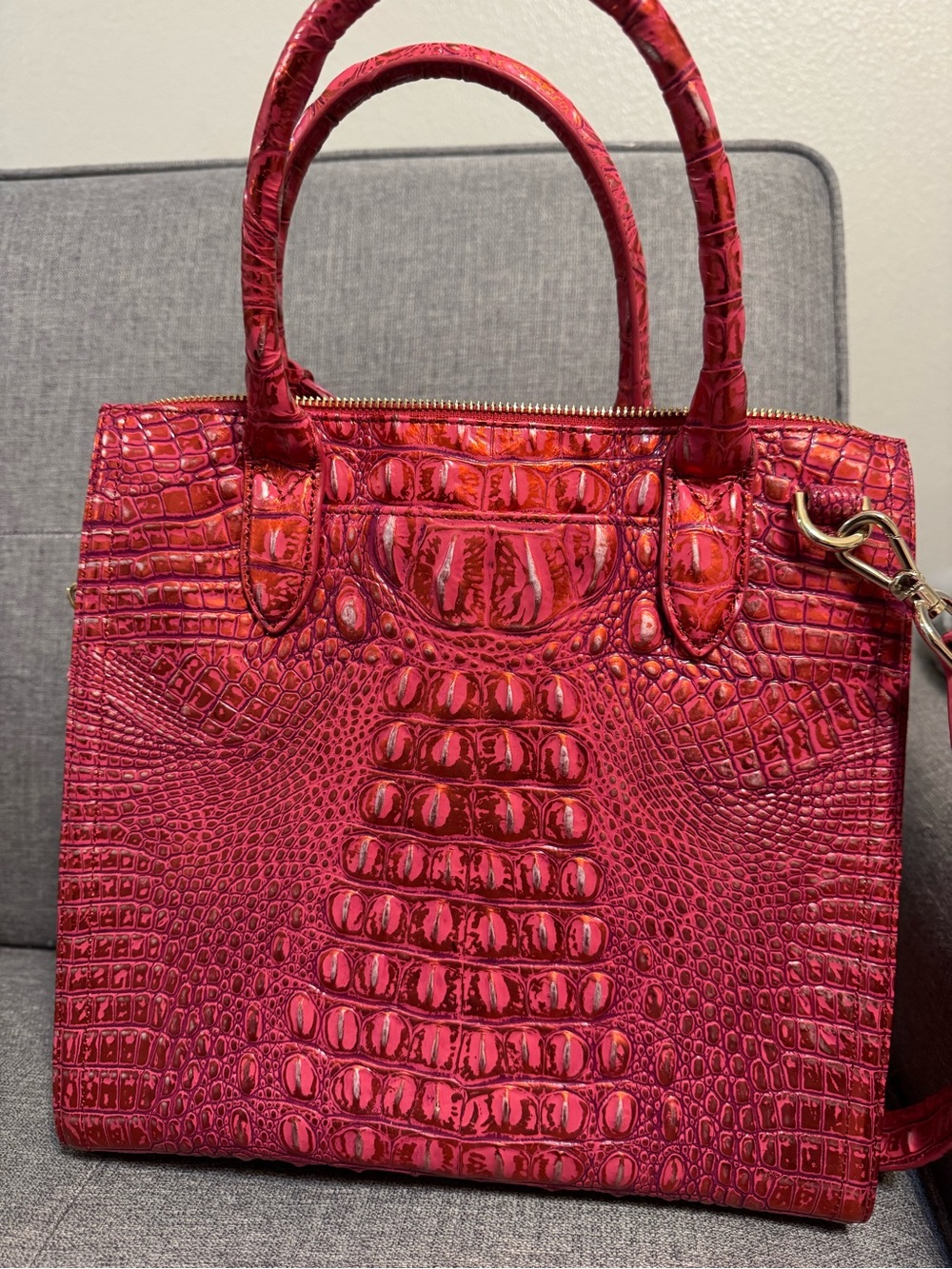 Brahmin Red Croc Embossed Leather Satchel Shoulder Bag Large